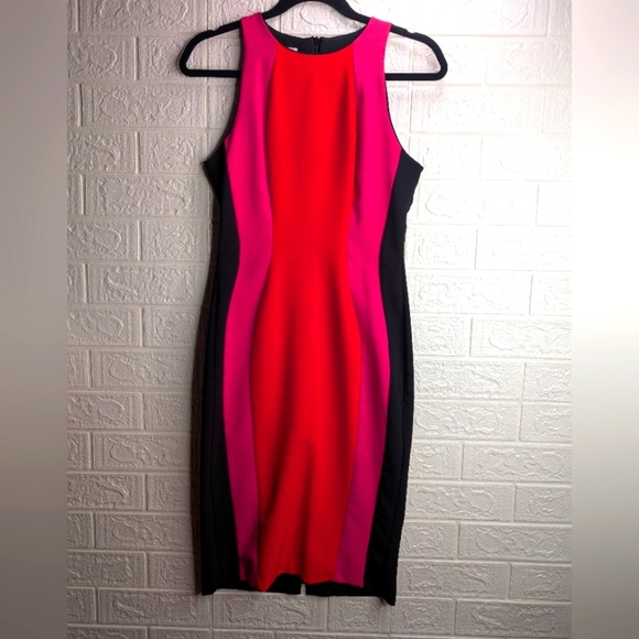 217- Rhinascimento Elegant Red and Pink Colorblock Dress Bodycon - Picture 2 of 6